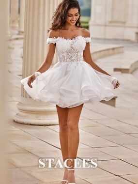 Stacees floral lace appliqué short ivory reception wedding prom homecoming dress
